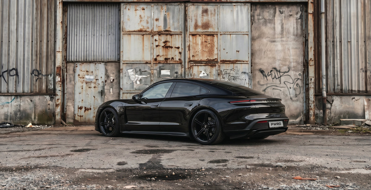 Lowered Porsche Taycan RWD with PWRD lowering springs