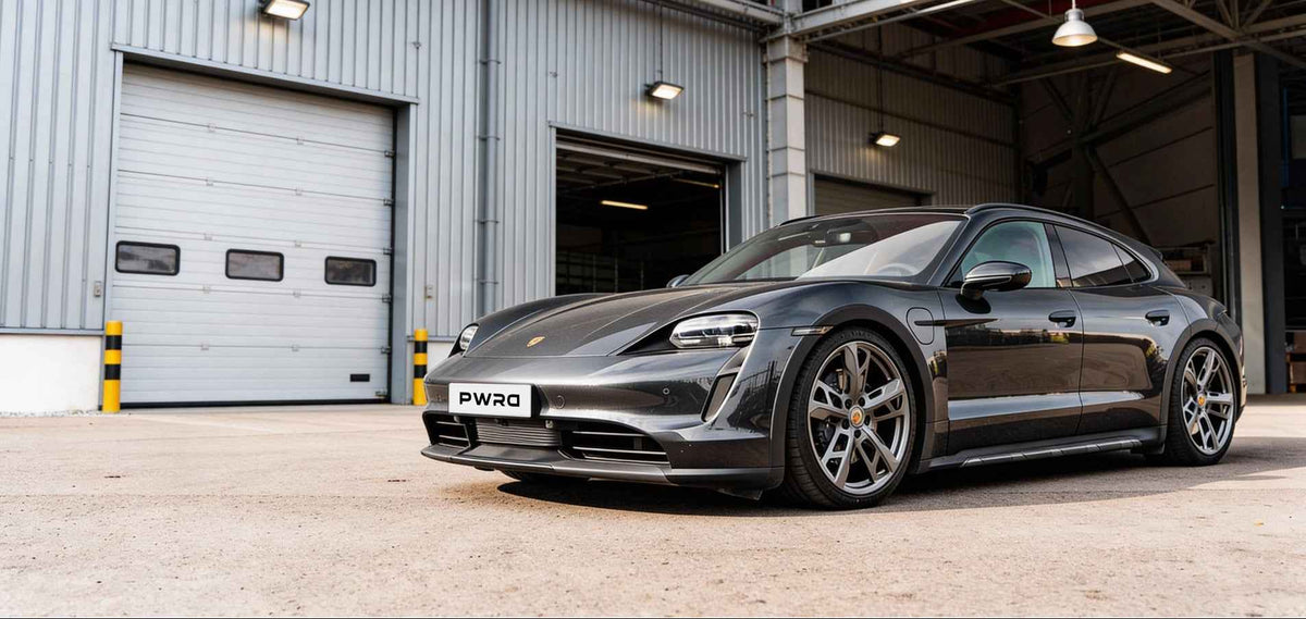 Lowered Porsche Taycan Cross Turismo with PWRD Lowering Links, Spacers, Stance Pack
