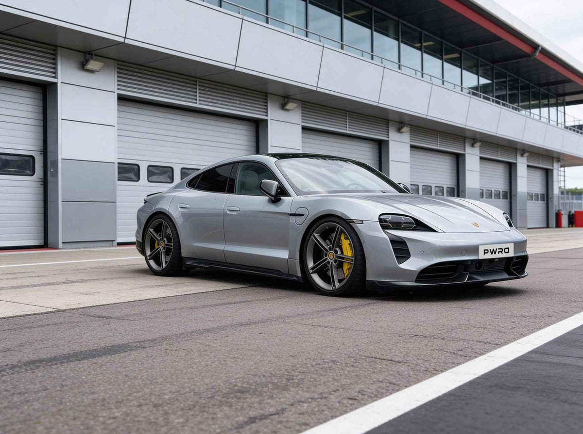 Lowered Porsche Taycan with PWRD lowering links and wheel spacers installed