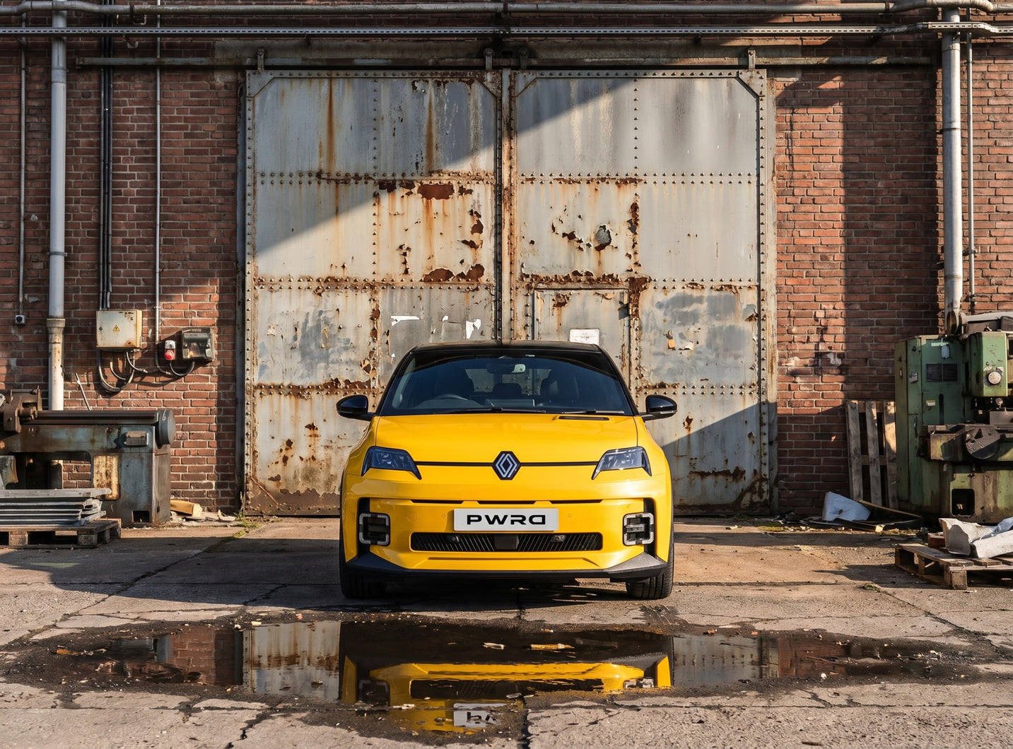 Lowered Renault 5 E-tech with PWRD wheel spacers and lowering springs for flush stance