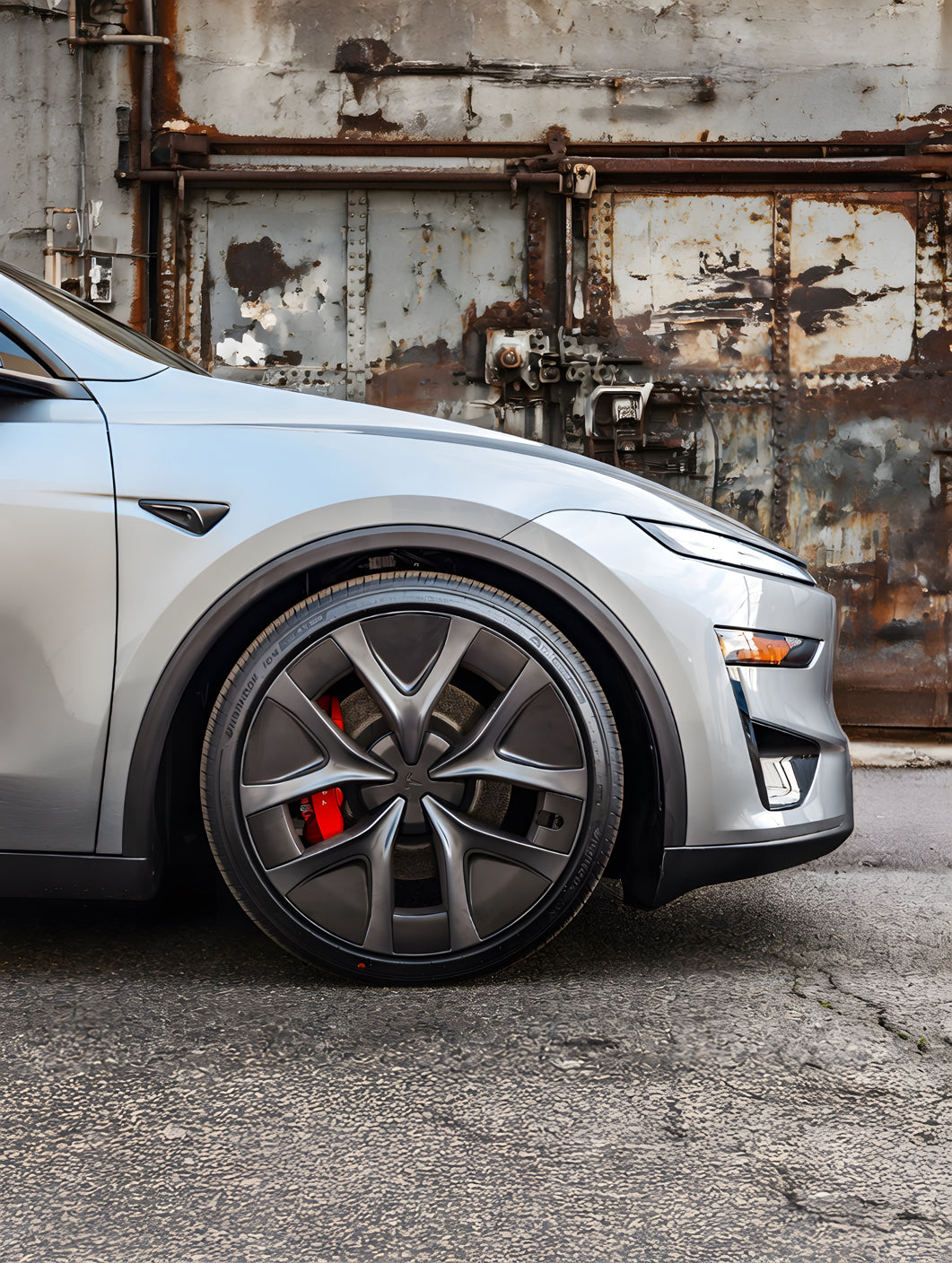 Lowered Tesla Model Y Juniper Performance with PWRD wheel spacers and lowering springs for flush stance